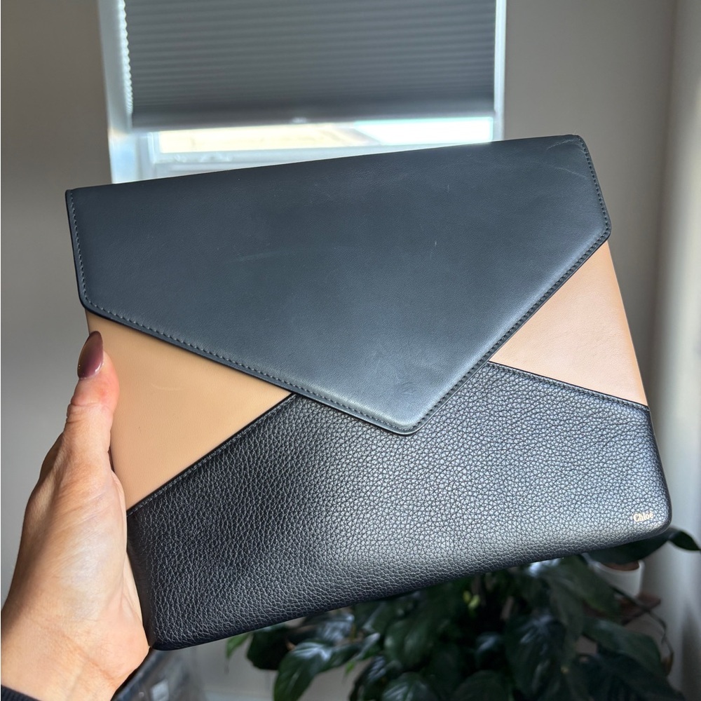 Chloe Two-Tone Black and Beige Leather Envelope Clutch